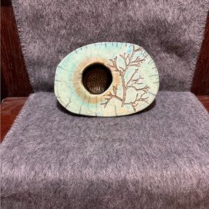 RAKU Vintage Artisan Ceramic Teal and Brown Signed Pottery with Flower Frog.OOAK